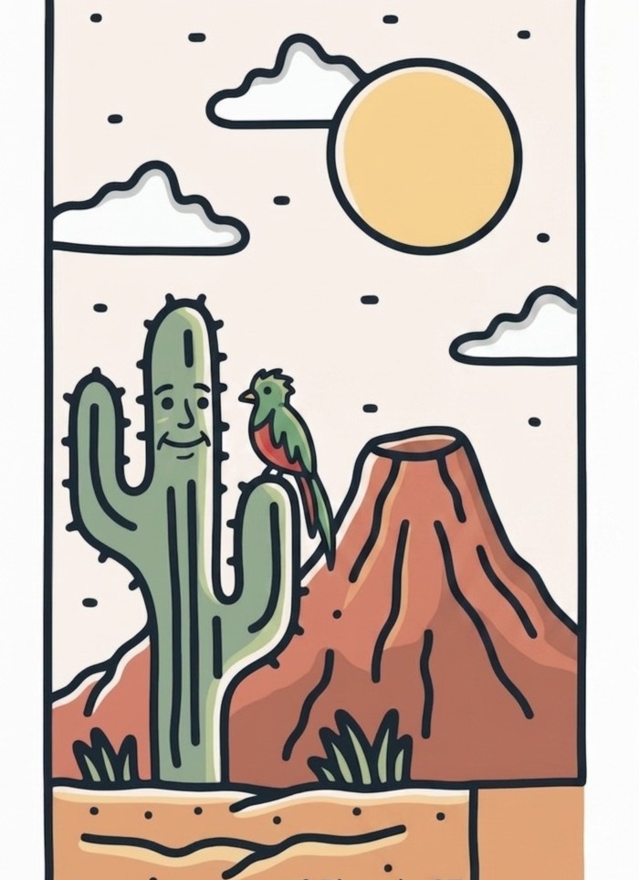 Ilustración de un quetzal sobre un cactus, con montañas al atardecer